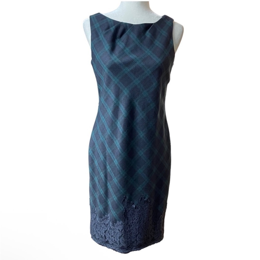 Tahari navy blue and hunter green plaid shift dress